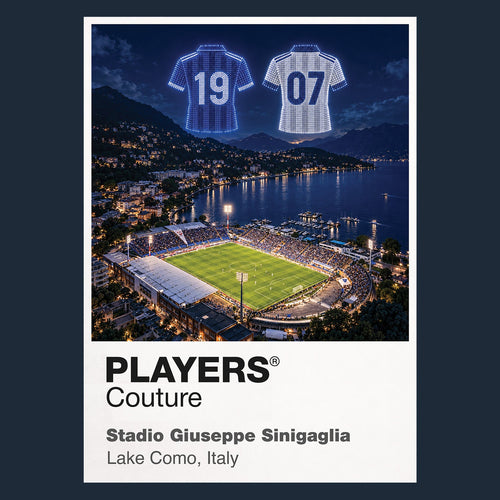 Como 1907 home and away shirts Icons in Lights Frame artwork in navy