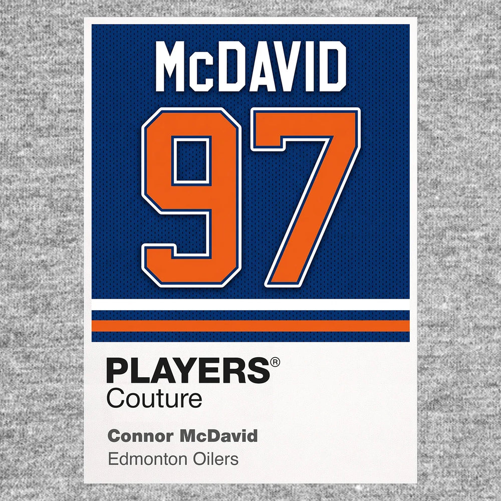 Connor McDavid 97 Jersey Frame Men's T-Shirt – grey close-up detail shot of the Connor McDavid 97 Players Couture logo design