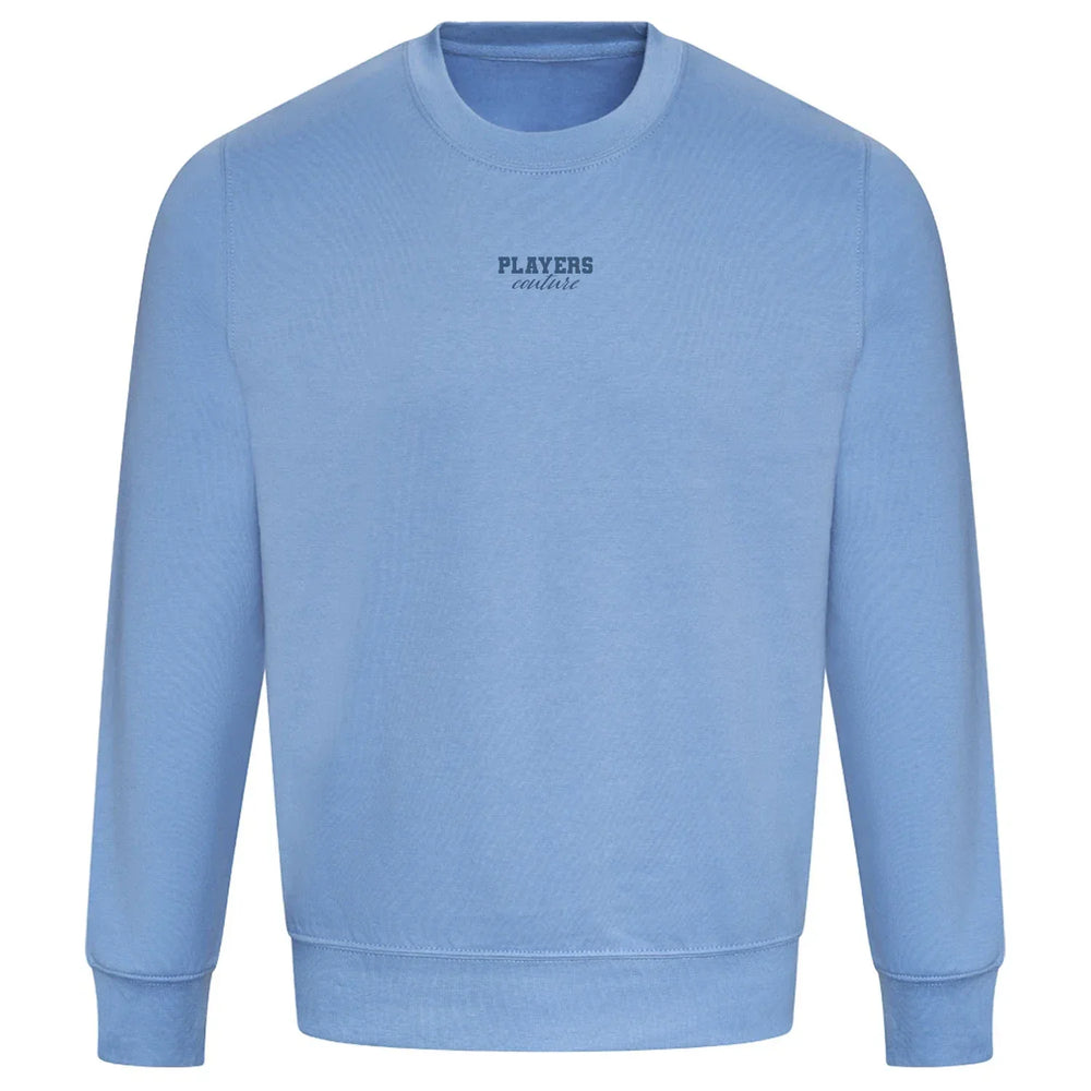 Essentials Collection hoodie – blue men's hoodie with white Essentials Collection letters and Players Couture logo on the