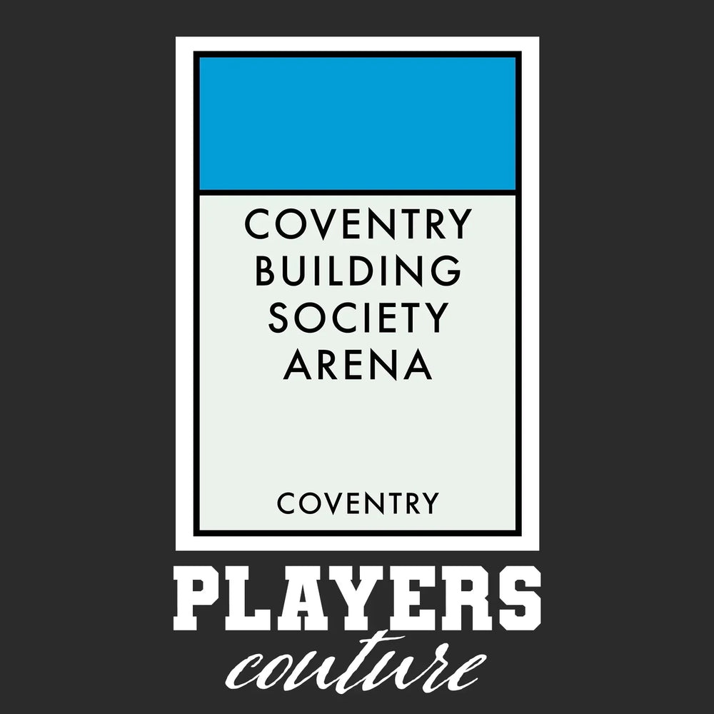 Coventry City Monopoly Card t-shirt – black men's t-shirt with white Coventry City Monopoly Card letters and Players Couture