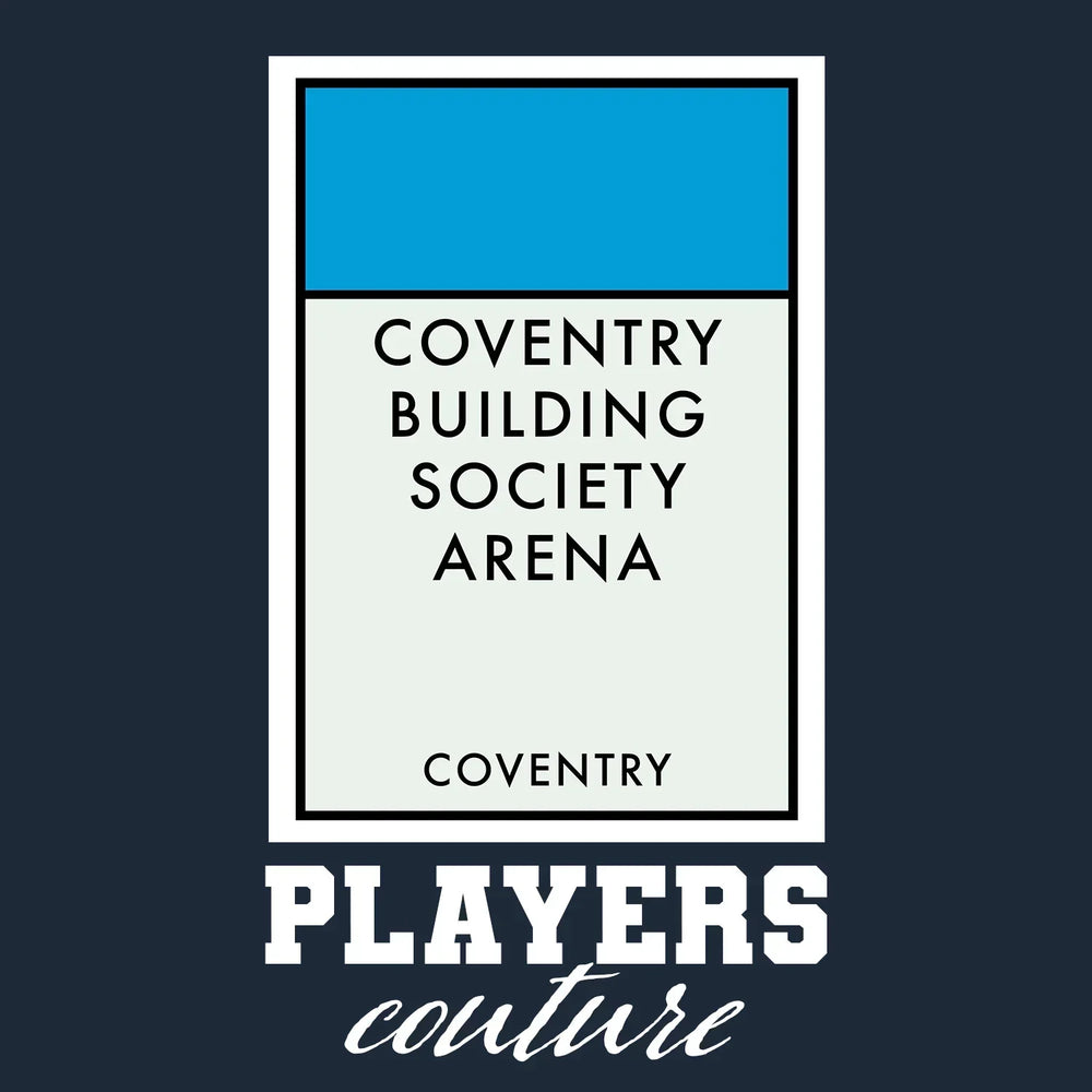 Coventry City Monopoly Card t-shirt – navy men's t-shirt with white Coventry City Monopoly Card letters and Players Couture