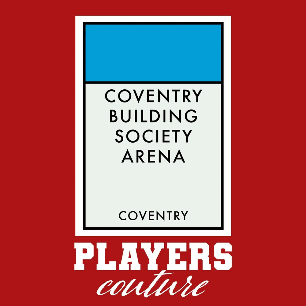 Coventry City Monopoly Card t-shirt – red men's t-shirt with white Coventry City Monopoly Card letters and Players Couture