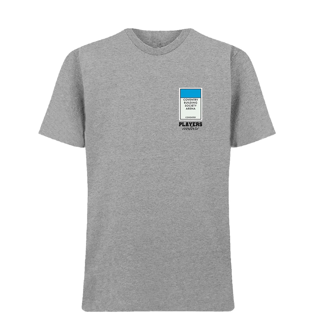 Coventry City Monopoly Card t-shirt – close-up of white Coventry City Monopoly Card lettering and Players Couture logo on