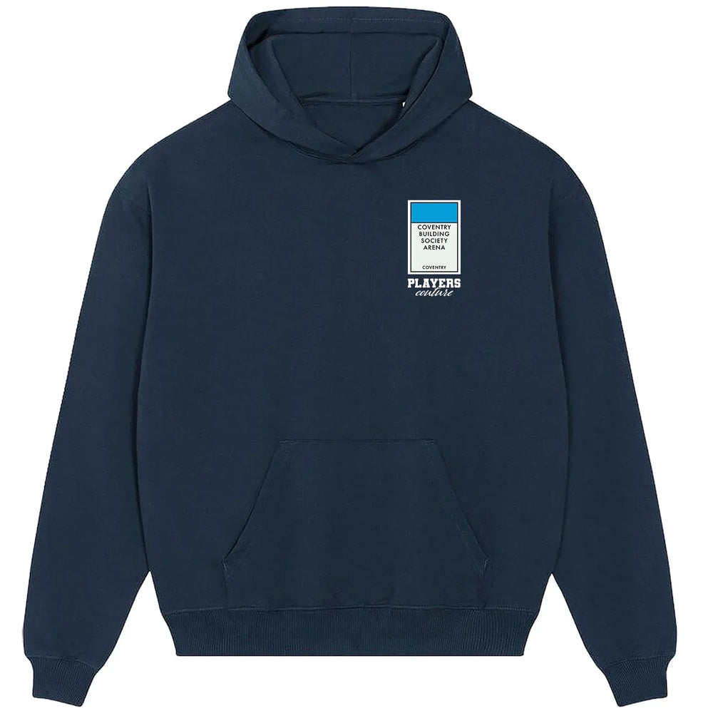 Coventry City Monopoly Card hoodie – red men's hoodie with white Coventry City Monopoly Card letters and Players Couture