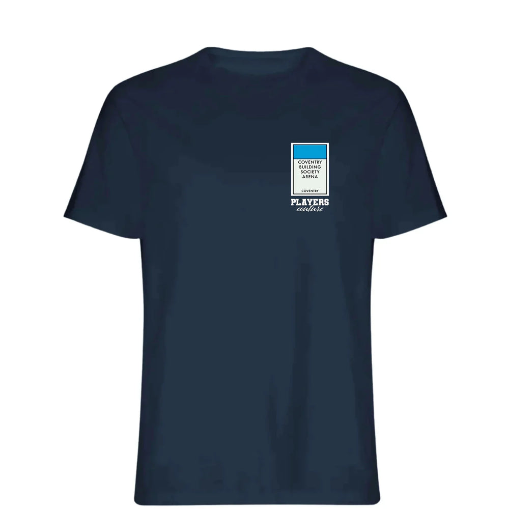 Coventry City Monopoly Card t-shirt – red men's t-shirt with white Coventry City Monopoly Card letters and Players Couture