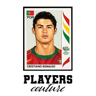 Cristiano Ronaldo 2006 World Cup Sticker Men's T-Shirt – white close-up detail shot of the Cristiano Ronaldo Players Couture