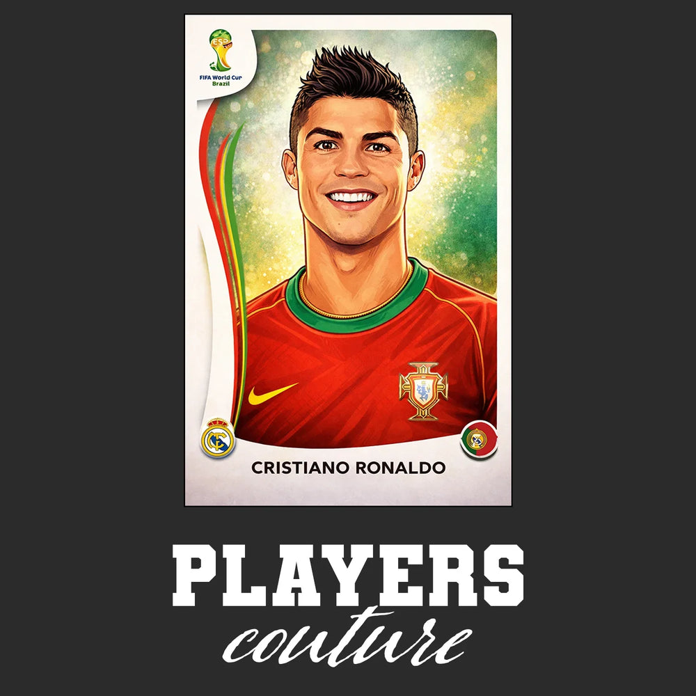Cristiano Ronaldo 2014 World Cup Sticker Men's T-Shirt – black close-up detail shot of the Cristiano Ronaldo 2014 World Cup
