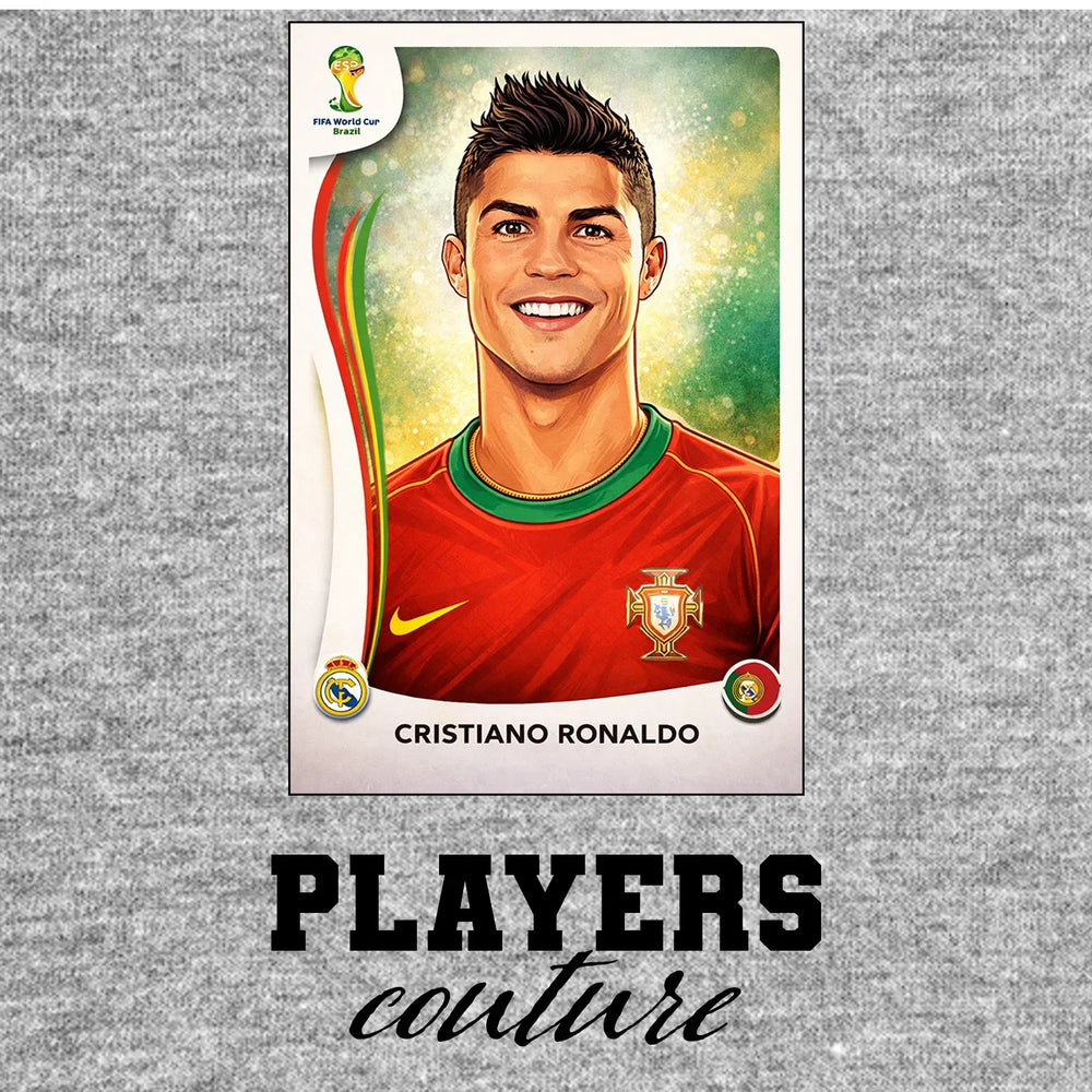 Cristiano Ronaldo 2014 World Cup Sticker Men's T-Shirt – grey close-up detail shot of the Cristiano Ronaldo 2014 World Cup