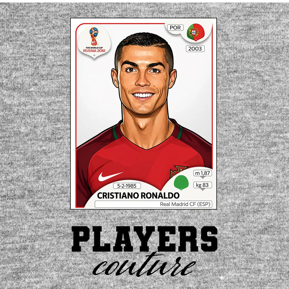 Cristiano Ronaldo 2018 World Cup Sticker Men's T-Shirt – grey close-up detail shot of the Cristiano Ronaldo 2018 World Cup
