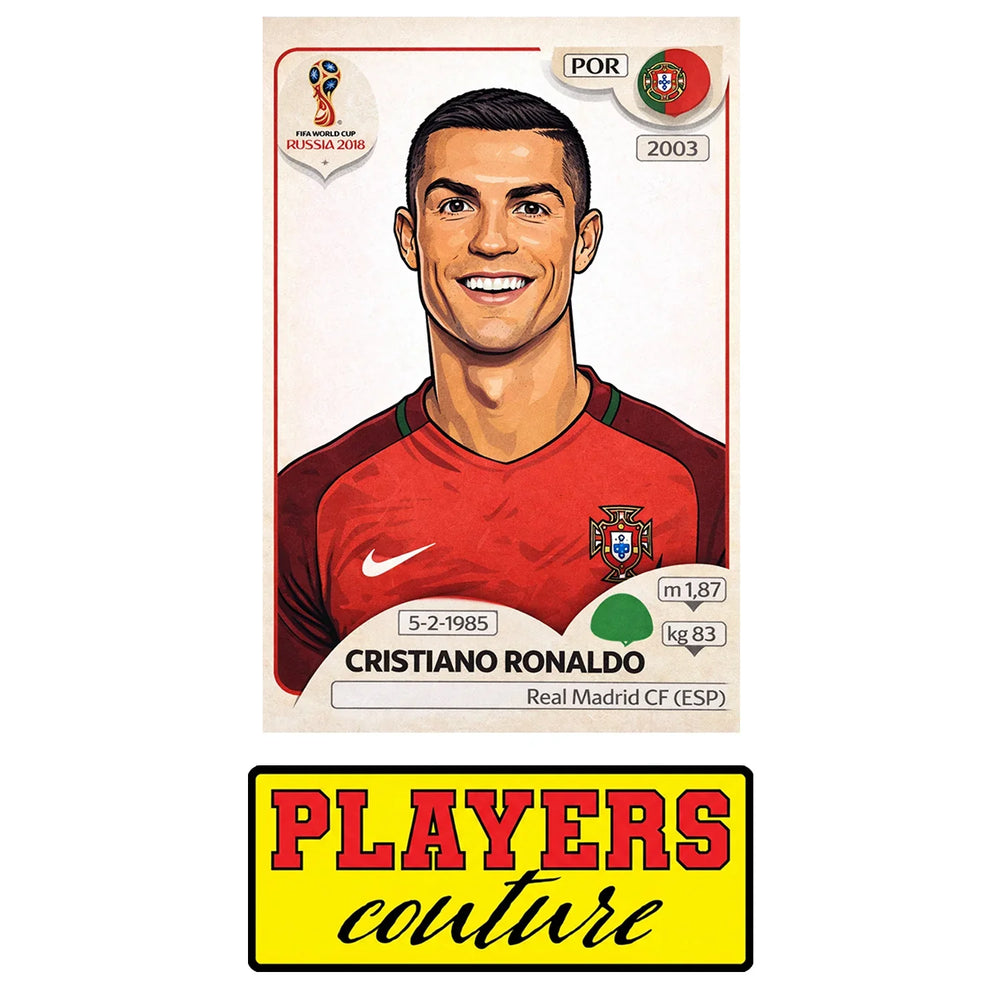 Cristiano Ronaldo 2018 World Cup Sticker Men's T-Shirt – close-up detail shot of the Cristiano Ronaldo 2018 World Cup