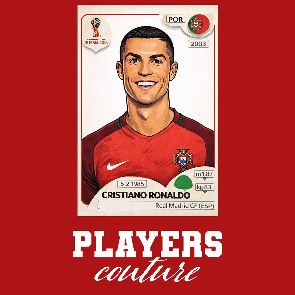 Cristiano Ronaldo 2018 World Cup Sticker Men's T-Shirt – red close-up detail shot of the Cristiano Ronaldo 2018 World Cup