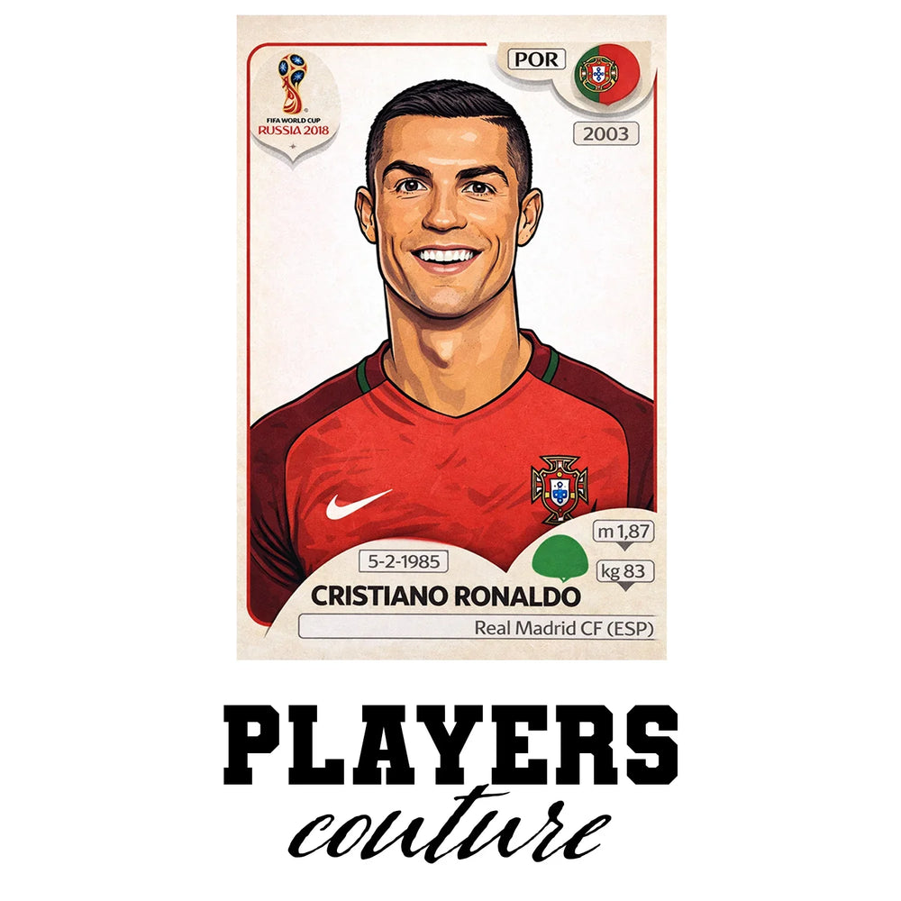Cristiano Ronaldo 2018 World Cup Sticker Men's T-Shirt – white close-up detail shot of the Cristiano Ronaldo Players Couture