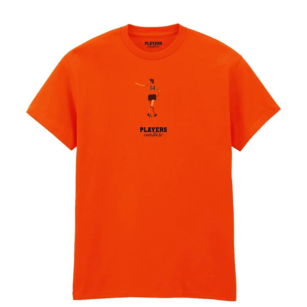 Johan Cruyff Icon t-shirt – orange men's t-shirt with black Johan Cruyff Icon letters and Players Couture logo on the chest