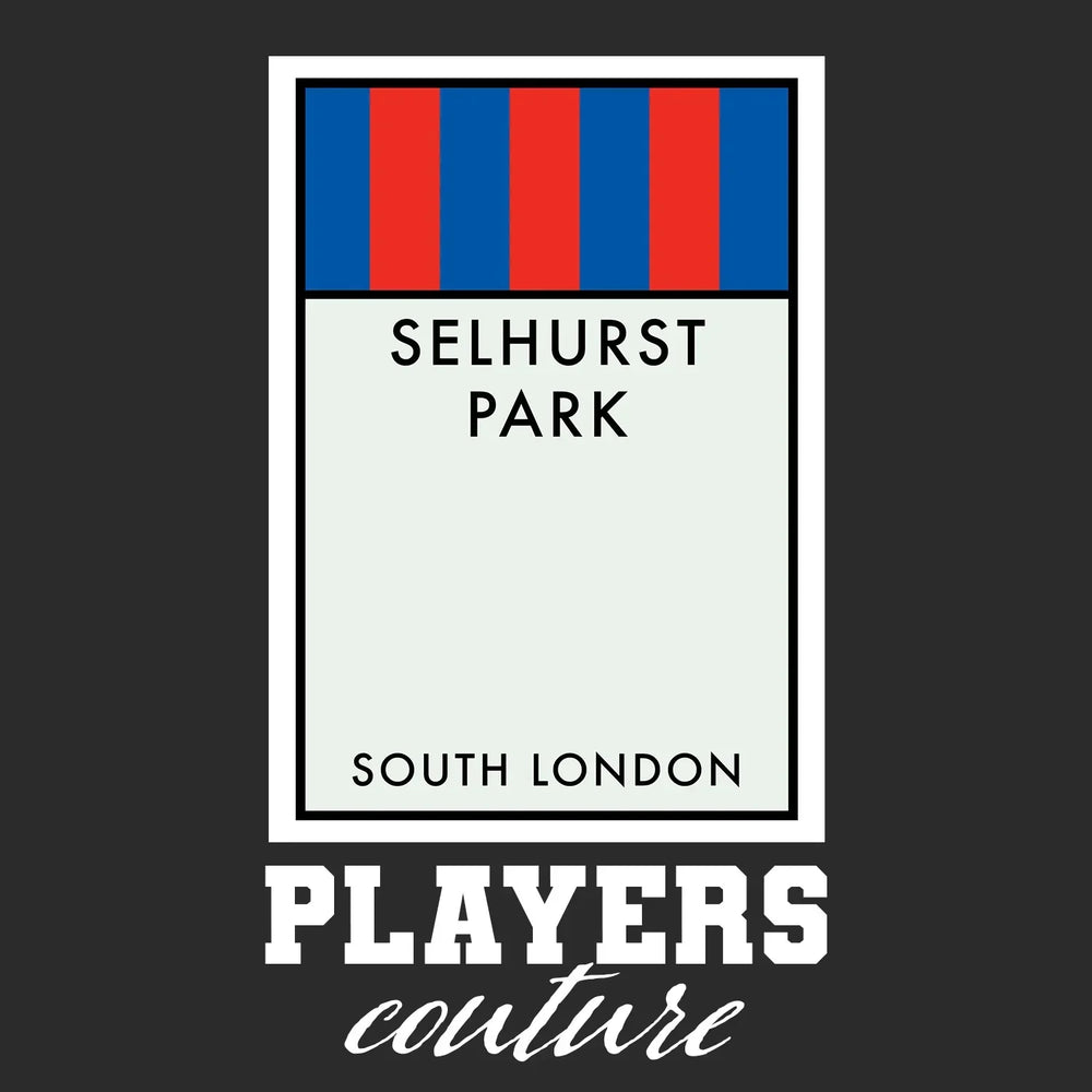 Crystal Palace Monopoly Card t-shirt – black men's t-shirt with white Crystal Palace Monopoly Card letters and Players