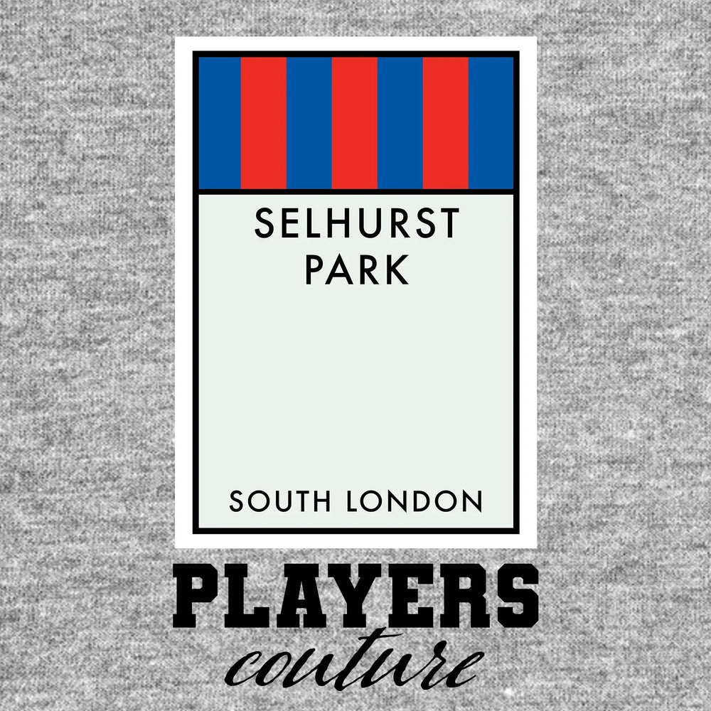 Crystal Palace Monopoly Card t-shirt – grey men's t-shirt with black Crystal Palace Monopoly Card letters and Players