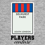 Crystal Palace Monopoly Card t-shirt – grey men's t-shirt with black Crystal Palace Monopoly Card letters and Players