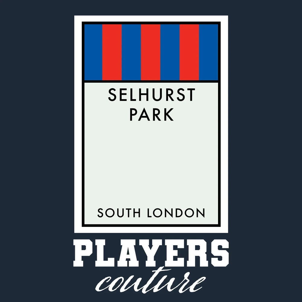Crystal Palace Monopoly Card t-shirt – navy men's t-shirt with white Crystal Palace Monopoly Card letters and Players