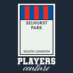Crystal Palace Monopoly Card t-shirt – navy men's t-shirt with white Crystal Palace Monopoly Card letters and Players