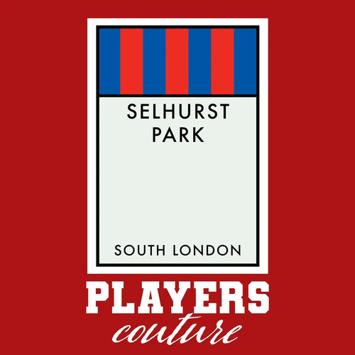 Crystal Palace Monopoly Card t-shirt – red men's t-shirt with white Crystal Palace Monopoly Card letters and Players Couture