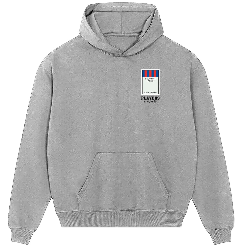 Crystal Palace Monopoly Card hoodie – close-up of white Crystal Palace Monopoly Card lettering and Players Couture logo on