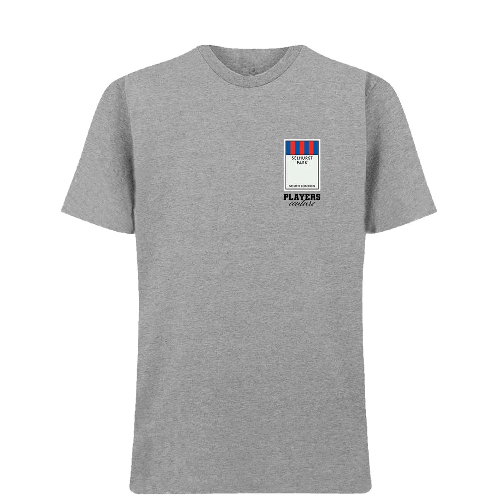 Crystal Palace Monopoly Card t-shirt – close-up of white Crystal Palace Monopoly Card lettering and Players Couture logo on