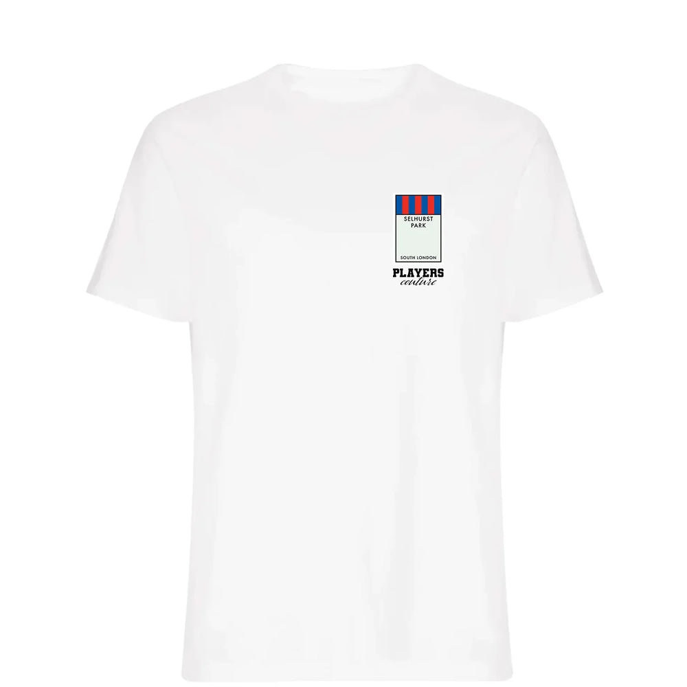 Crystal Palace Monopoly Card t-shirt – navy men's t-shirt with white Crystal Palace Monopoly Card letters and Players