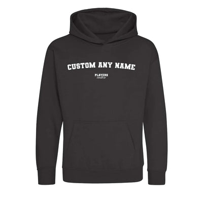 Custom Create Your Name hoodie – white kids' hoodie with black Custom Create Your Name letters and Players Couture logo on