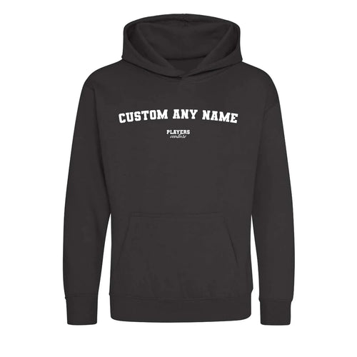 Custom Create Your Name hoodie – white kids' hoodie with black Custom Create Your Name letters and Players Couture logo on