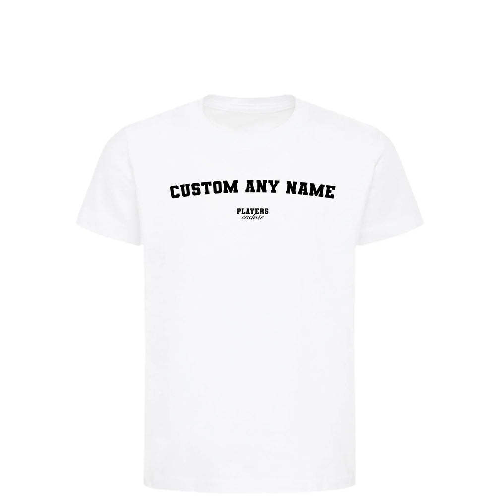 Custom Name Create Your t-shirt – white kids' t-shirt with black Custom Name Create Your letters and Players Couture logo on