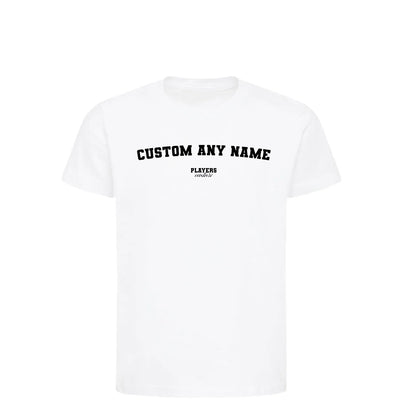 Custom Name Create Your t-shirt – white kids' t-shirt with black Custom Name Create Your letters and Players Couture logo on
