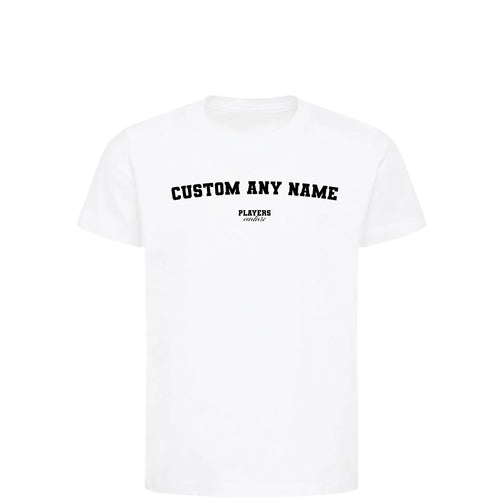 Custom Name Create Your t-shirt – white kids' t-shirt with black Custom Name Create Your letters and Players Couture logo on