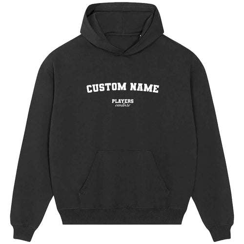 Custom Name hoodie – close-up of white Custom Name lettering and Players Couture logo on the chest