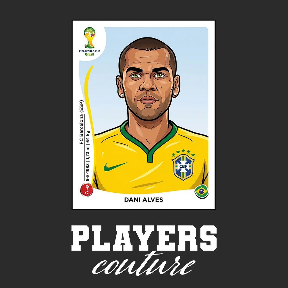 Dani Alves World Cup Sticker Men's T-Shirt – black close-up detail shot of the Dani Alves World Cup Players Couture logo