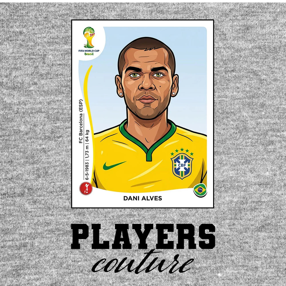 Dani Alves World Cup Sticker Men's T-Shirt – grey close-up detail shot of the Dani Alves World Cup Players Couture logo