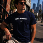 Daria Werbowy navy men's T-shirt lifestyle photograph 19