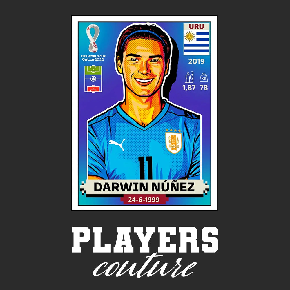 Darwin Nunez World Cup Sticker Men's T-Shirt – black close-up detail shot of the Darwin Nunez World Cup Players Couture logo