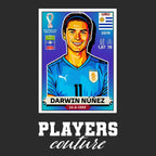 Darwin Nunez World Cup Sticker Men's T-Shirt – black close-up detail shot of the Darwin Nunez World Cup Players Couture logo