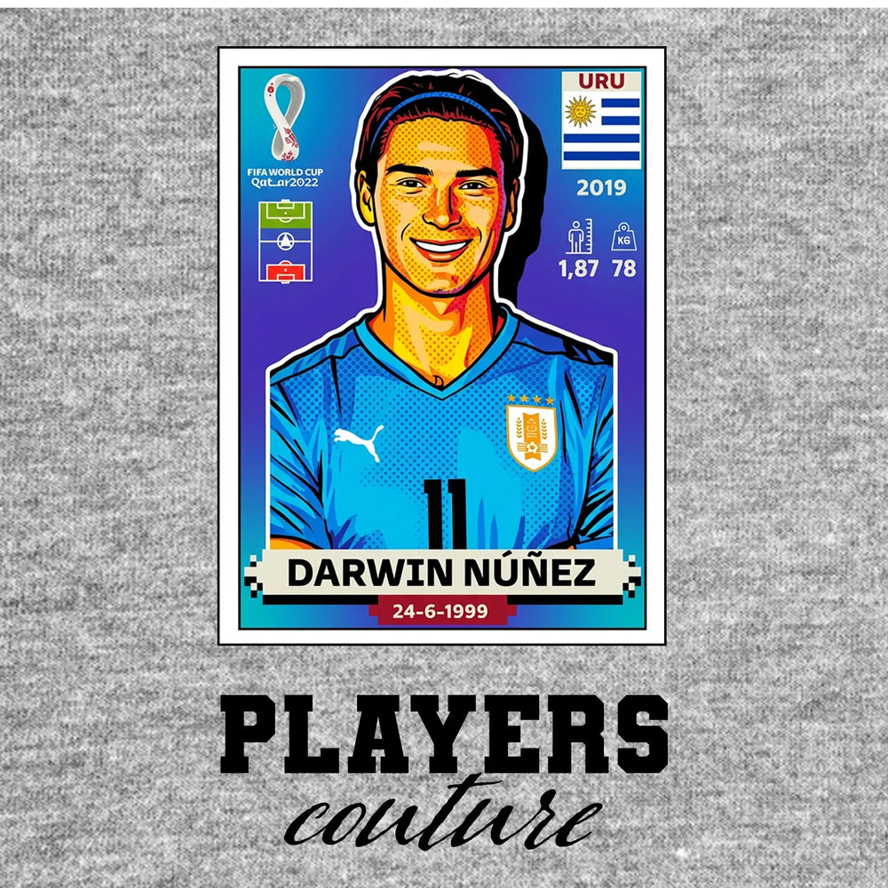 Darwin Nunez World Cup Sticker Men's T-Shirt – grey close-up detail shot of the Darwin Nunez World Cup Players Couture logo