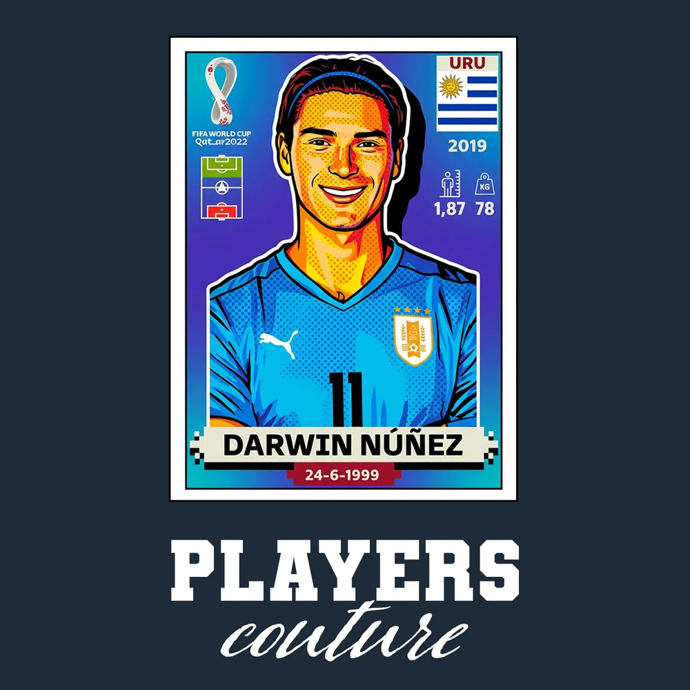 Darwin Nunez World Cup Sticker Men's T-Shirt – navy close-up detail shot of the Darwin Nunez World Cup Players Couture logo