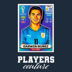Darwin Nunez World Cup Sticker Men's T-Shirt – navy close-up detail shot of the Darwin Nunez World Cup Players Couture logo