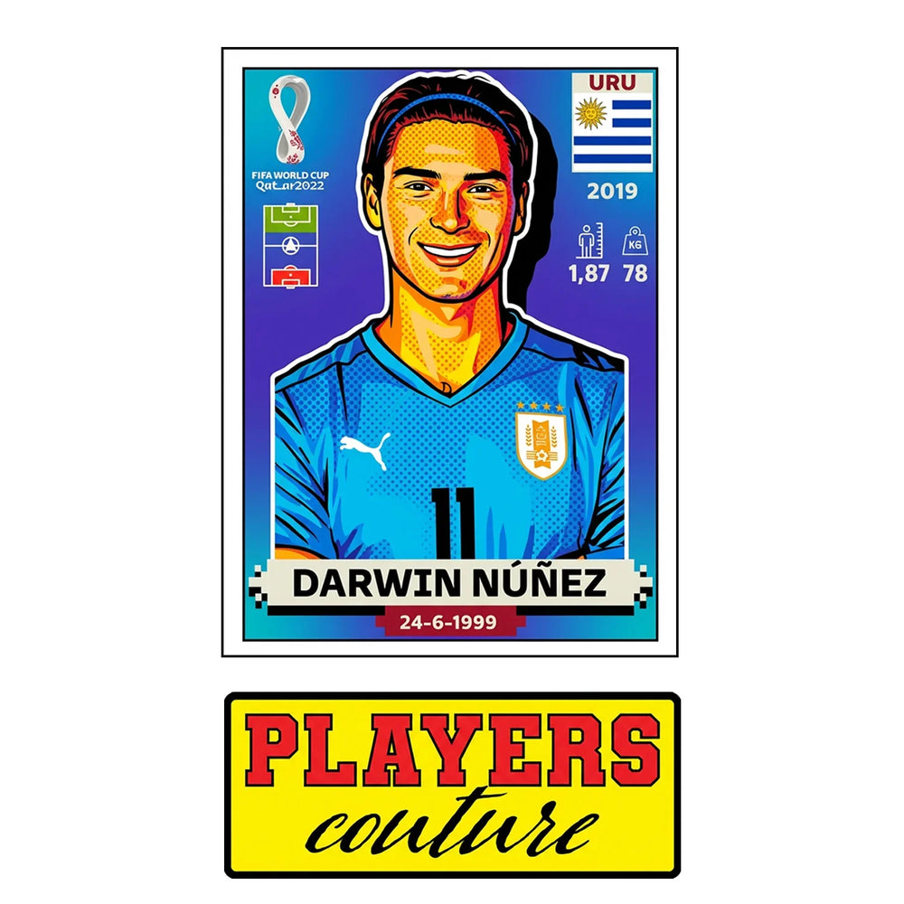Darwin Nunez World Cup Sticker Men's T-Shirt – close-up detail shot of the Darwin Nunez World Cup Players Couture logo design