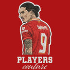 Darwin Nunez Badge Men's T-Shirt – red close-up detail shot of the Darwin Nunez Players Couture logo design
