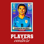 Darwin Nunez World Cup Sticker Men's T-Shirt – red close-up detail shot of the Darwin Nunez World Cup Players Couture logo