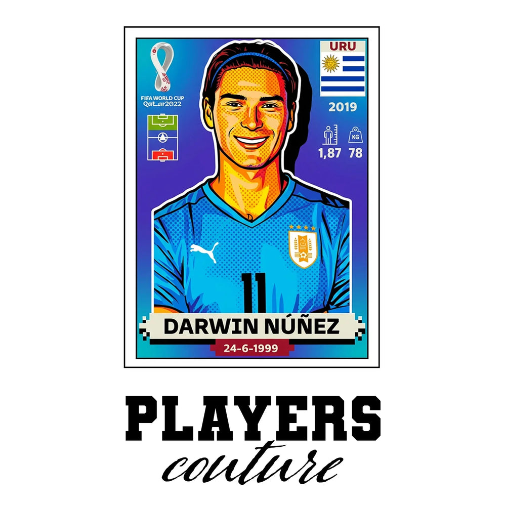 Darwin Nunez World Cup Sticker Men's T-Shirt – white close-up detail shot of the Darwin Nunez Players Couture logo design