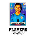 Darwin Nunez World Cup Sticker Men's T-Shirt – white close-up detail shot of the Darwin Nunez Players Couture logo design
