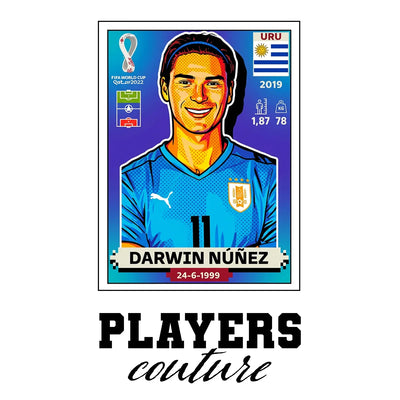 Darwin Nunez World Cup Sticker Men's T-Shirt – white close-up detail shot of the Darwin Nunez Players Couture logo design