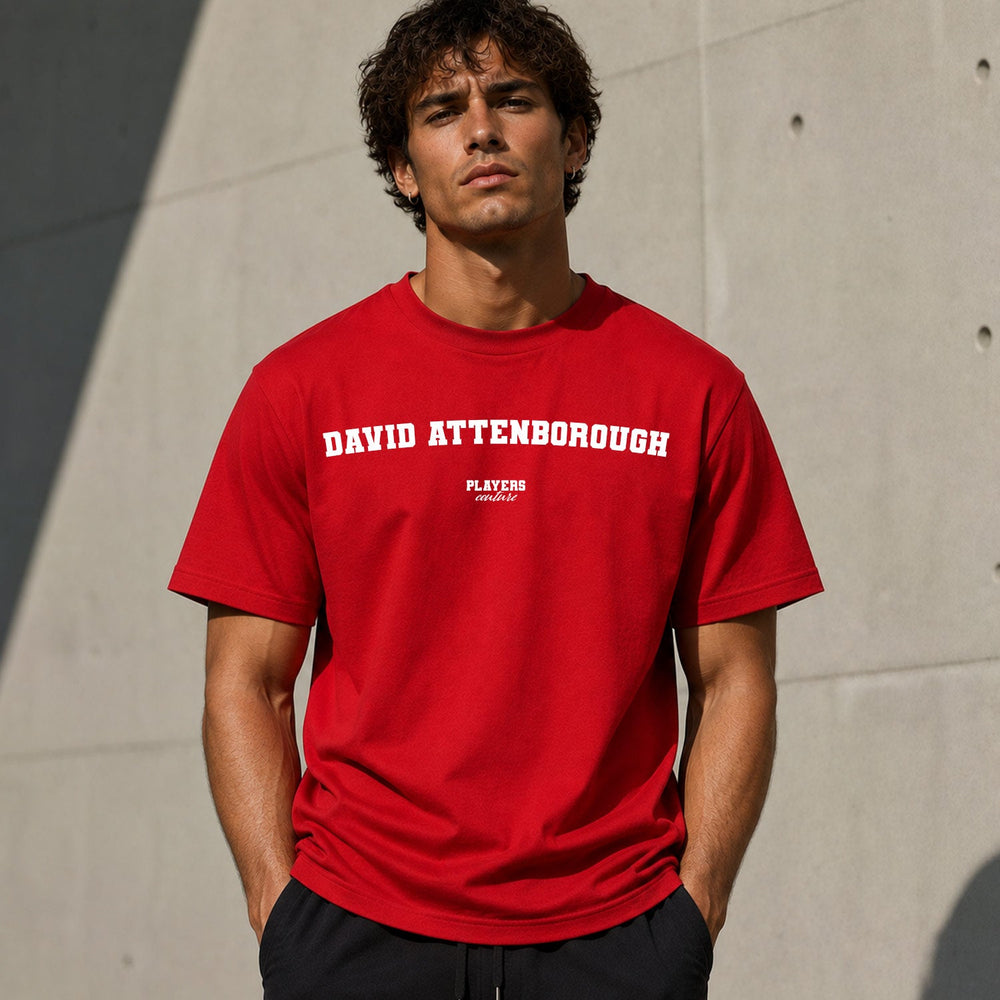 David Attenborough Men's T-Shirt — lifestyle photo, Red t-shirt