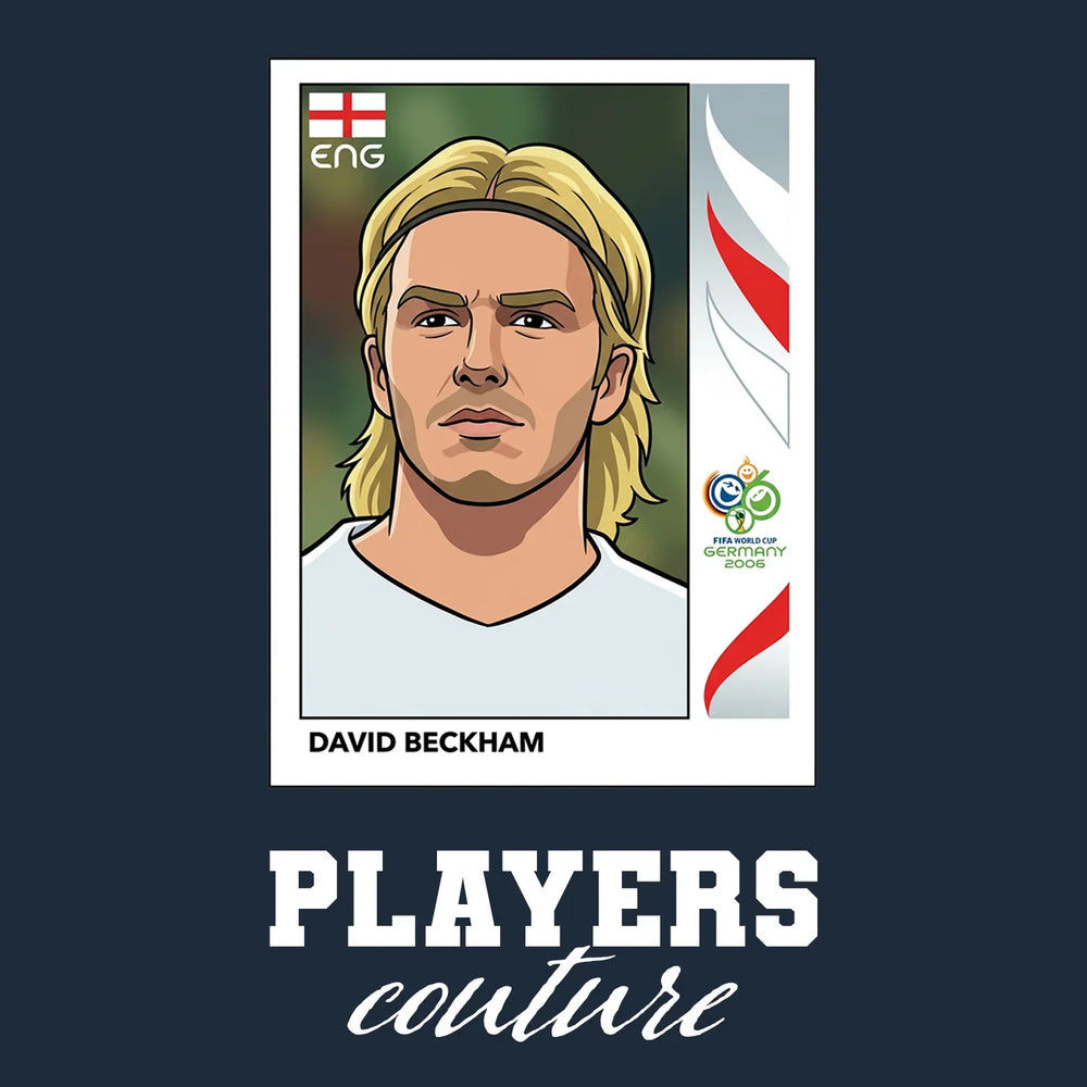 David Beckham 2006 World Cup Sticker Men's T-Shirt – navy close-up detail shot of the David Beckham 2006 World Cup Players