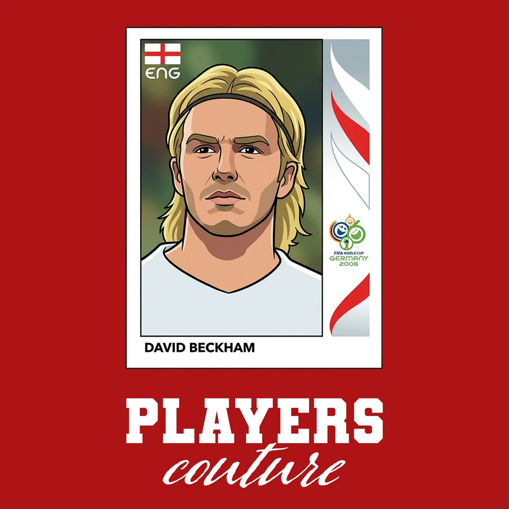David Beckham 2006 World Cup Sticker Men's T-Shirt – red close-up detail shot of the David Beckham 2006 World Cup Players
