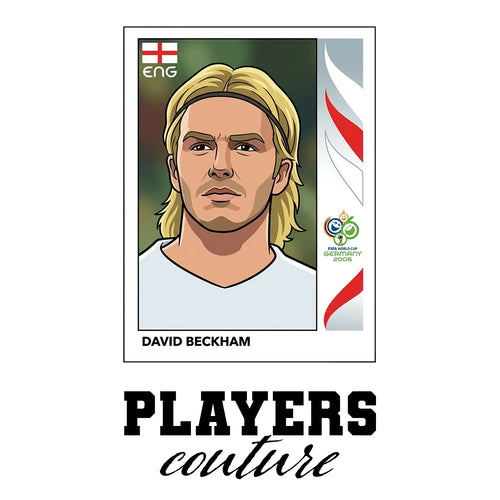 David Beckham 2006 World Cup Sticker Men's T-Shirt – white close-up detail shot of the David Bekham Players Couture logo